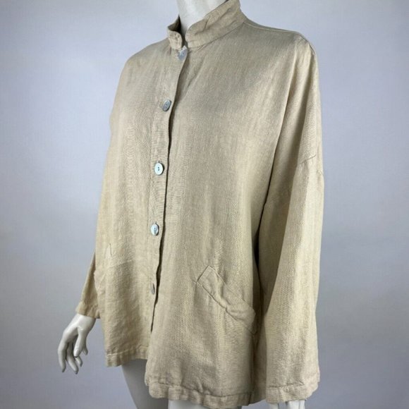 Bryn Walker Heavy Linen Jacket Women S EUC Button-Up Long Sleeve High Neck Beige - Picture 2 of 12